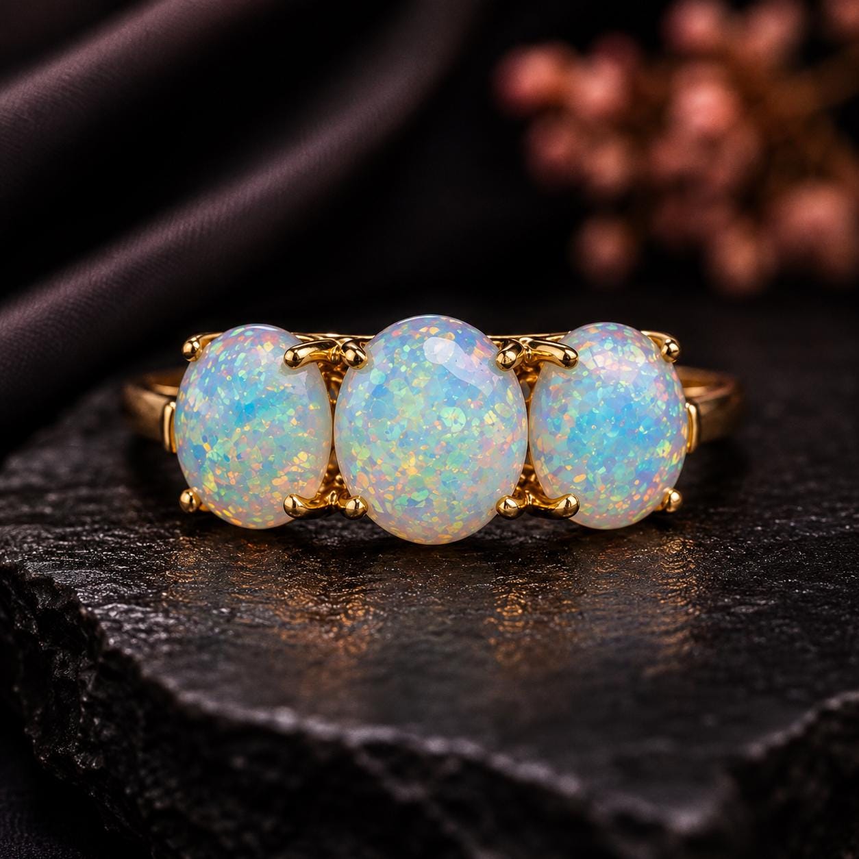 Vintage Fire Opal 14k Gold Art Deco Ring 3 stone ring, statement gift…