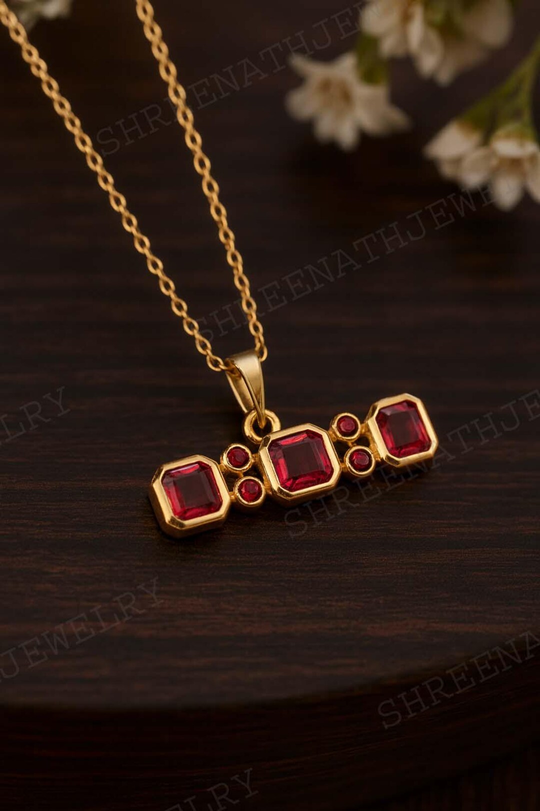 Solid Gold Ruby Red Pendant Necklace | Geometric Garnet Inspired ...