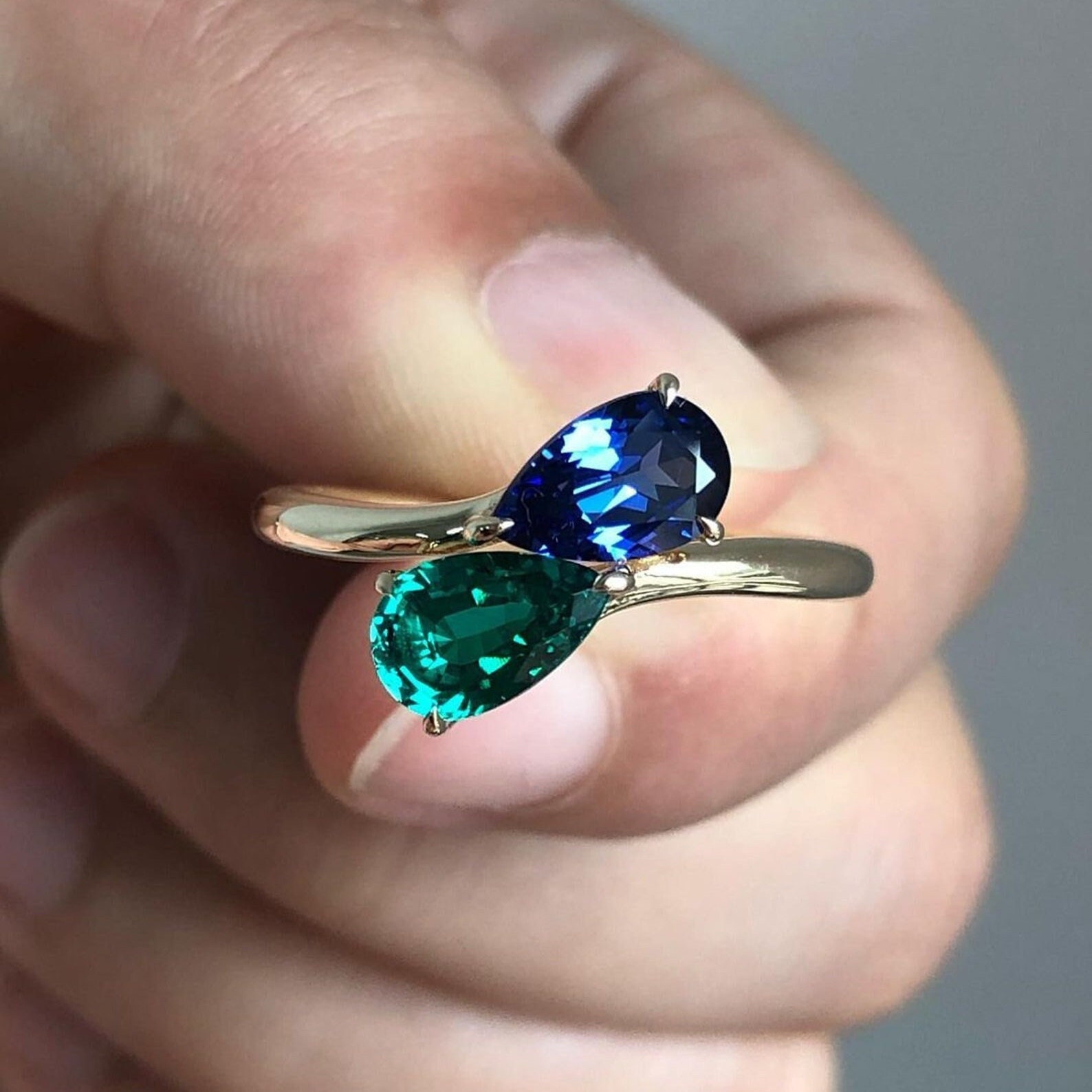 Emerald And Sapphire Two Stone Ring Pear Cut Emerald And Blue Sapphire Ring 925 Sterling Silver Ring promise Ring birthday Gift For Her