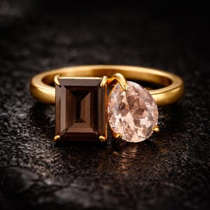 Vintage Toi Et Moi förlovningsring i gult guld, päronformad morganit, smaragdslipad rökkvarts, vigselring med två stenar, mor-dotter-ring