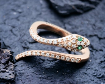 Emerald Snake Eye Ring Diamond Covered Snake Skin Ring 18K Gold Jewelry Animal Lover Gift  Handmade Adjustable Ring For Her May Birthstone