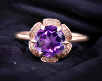 Vintage Amethyst Floral Ring, Art Deco Engagement Ring, Women Diamond Stacking Ring, Birthday Gift For Love, Rose Gold Personalized Jewelry