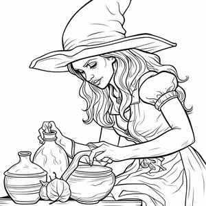 Könnte beinhalten: Eine Schwarzweiß-Zeichnung einer Hexe, die einen spitzen Hut und ein langes Kleid trägt und einen Kessel mit einem Holzlöffel umrührt. Sie ist von verschiedenen Krügen und Flaschen umgeben.