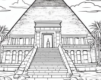 Puede incluir: Un dibujo en blanco y negro de una gran pirámide con una entrada de templo y una figura de pie en la puerta. La pirámide está rodeada de palmeras y rocas.