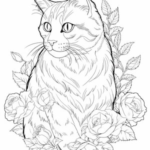 Puede incluir: Un dibujo en blanco y negro de un gato sentado en un lecho de rosas. El gato mira hacia la izquierda de la imagen. Las rosas est&aacute;n en plena floraci&oacute;n y tienen hojas y tallos.