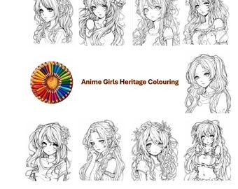 Pode incluir: Um livro para colorir com oito ilustrações em preto e branco de meninas de anime com cabelo comprido e penteados intrincados. O título do livro é "Anime Girls Heritage Colouring". Também é mostrado um conjunto de lápis de cor na imagem.