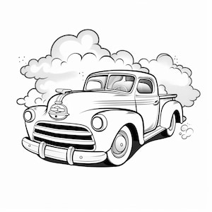 Puede incluir: Un dibujo en blanco y negro de una camioneta vintage con una nube de humo detrás.