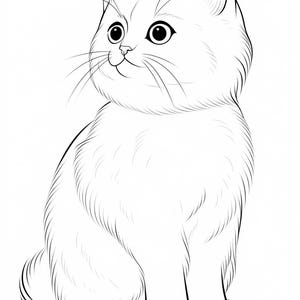 Puede incluir: Un dibujo de l&iacute;nea de un gato blanco y esponjoso sentado con la cabeza inclinada hacia arriba y mirando hacia un lado.