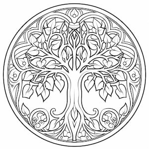 May include: A black and white line drawing of a stylized tree of life with intricate branches and leaves. The tree is enclosed in a circle.