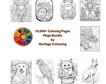 Peut inclure: Plusieurs pages de coloriage en noir et blanc avec divers sujets, dont un taureau, des maisons dans un bocal, un tournesol, un dinosaure, un chien, un perroquet, un chat et un autre chien. Le texte indique "10 000+ pages à colorier Mega Bundle by Heritage Colouring."