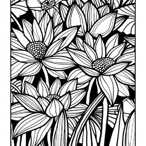 May include: Black and white line art illustration of a bouquet of flowers. The flowers are stylized and have intricate details. The background is black.