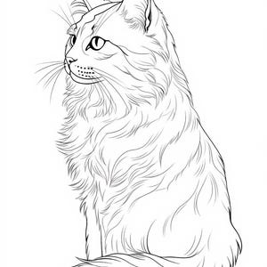 Puede incluir: Dibujo de l&iacute;nea de un gato blanco y esponjoso sentado con la cola enroscada alrededor de su cuerpo. El gato est&aacute; mirando hacia la derecha de la imagen.