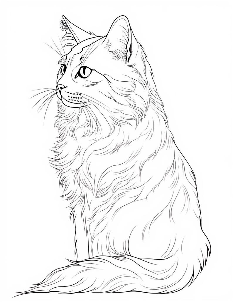 Puede incluir: Dibujo de l&iacute;nea de un gato blanco y esponjoso sentado con la cola enroscada alrededor de su cuerpo. El gato est&aacute; mirando hacia la derecha de la imagen.