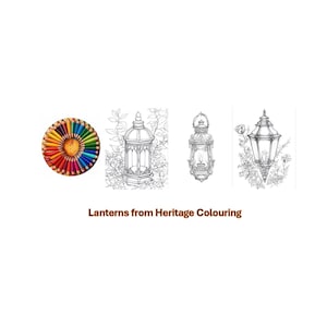 May include: Three black and white line drawings of lanterns. The lanterns are ornate and detailed. The drawings are on a white background. The text "Lanterns from Heritage Colouring" is below the drawings.