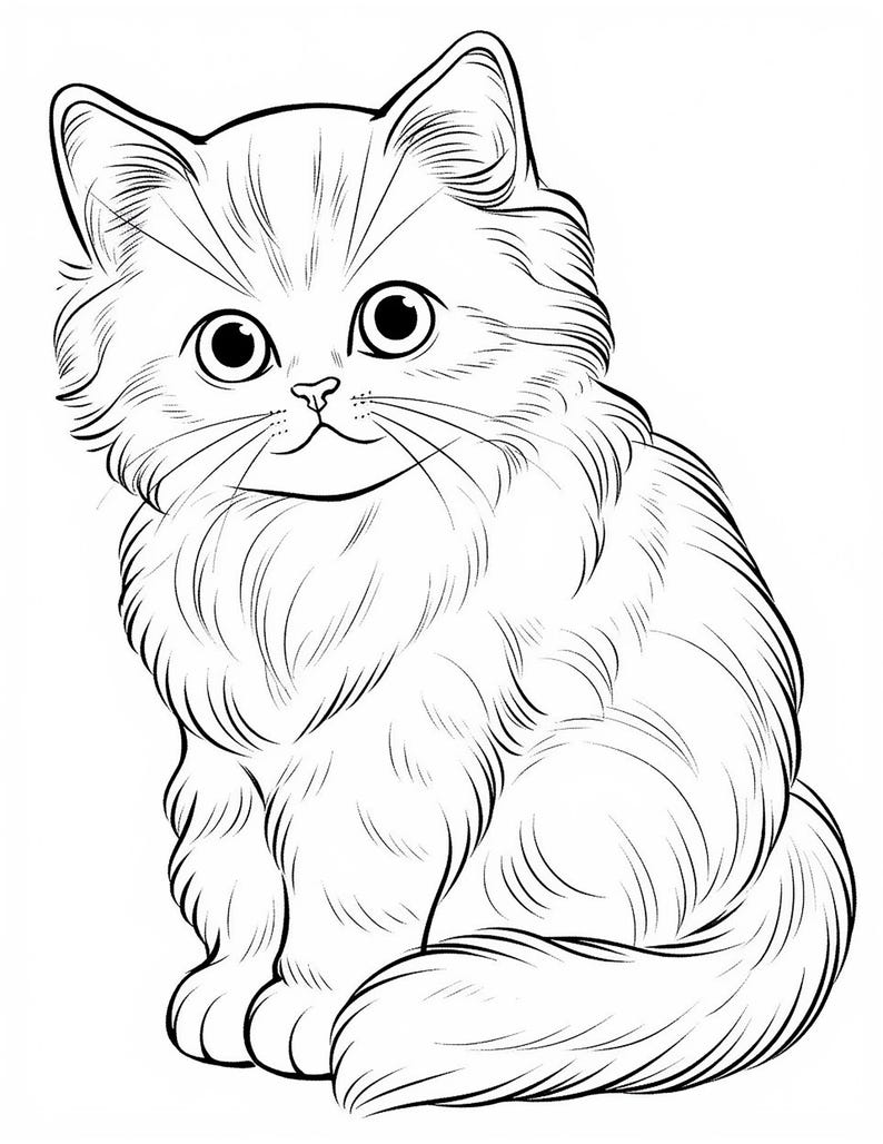 Puede incluir: Un dibujo en blanco y negro de un gato esponjoso sentado con la cola enroscada alrededor de su cuerpo. El gato tiene ojos grandes y redondos y una expresi&oacute;n dulce.