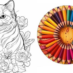 Puede incluir: Un dibujo en blanco y negro de un gato sentado en un lecho de flores. El gato tiene ojos grandes y redondos y una cola esponjosa. Las flores est&aacute;n en flor y tienen p&eacute;talos delicados. Un c&iacute;rculo de l&aacute;pices de colores se muestra en el lado derecho de la imagen.