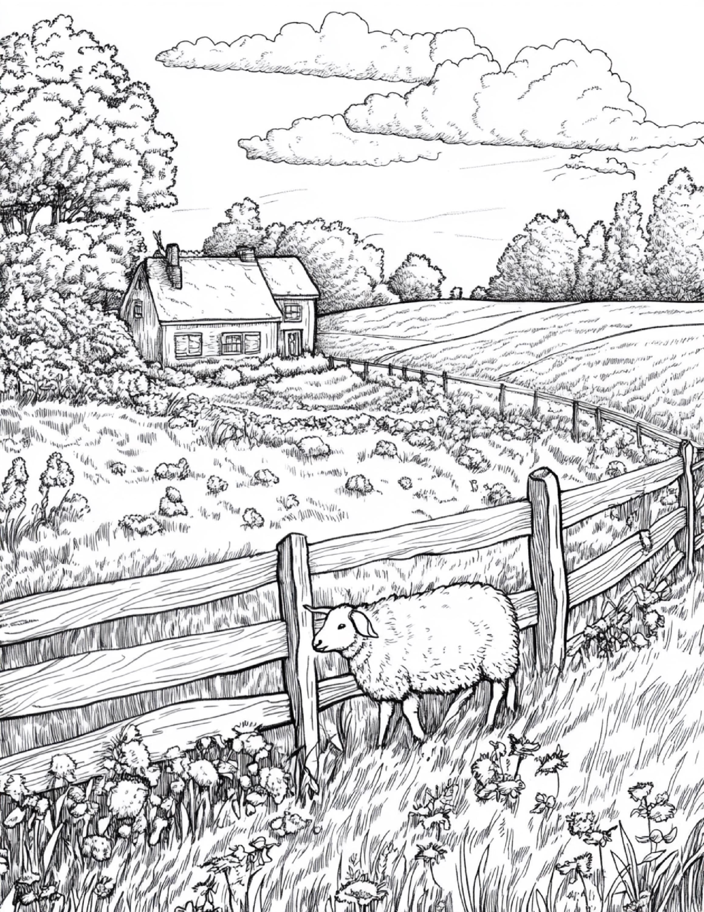 100 Countryside Coloring Pages | Printable Rural Landscape Art for Adults & Kids | 250 JPG & PNG
