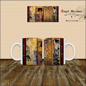 Peut inclure: Deux tasses en céramique blanche avec une image colorée d'une peinture de Gustav Klimt. Les tasses présentent le nom de l'artiste et le titre de la peinture, "Le Baiser".