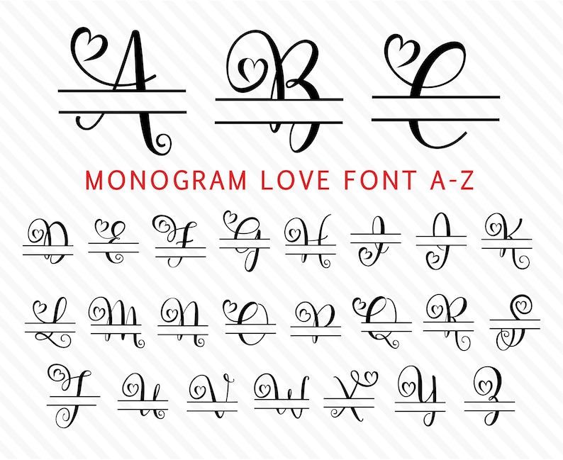 May include: A set of 26 alphabet letters with a heart design and a line through the middle. The letters are in a cursive font and are perfect for creating a monogram.