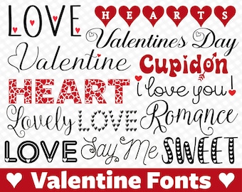 May include: A collection of Valentine's Day themed fonts in black and red. The fonts include words like "LOVE", "HEART", "Cupidon", "Romance", and "Valentine Fonts".