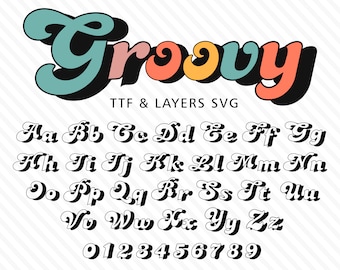 Könnte beinhalten: Groovy-Schriftalphabet im Retro-Stil mit 3D-Effekt. Die Buchstaben sind schwarz umrandet und mit verschiedenen Farben gefüllt, darunter Türkis, Orange, Rosa und Gelb. Die Schrift enthält auch die Zahlen 0-9.