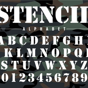 May include: Stencil alphabet font in white on a camouflage background. The letters are uppercase and the numbers are 0-9.