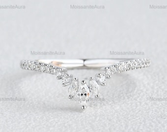 Moissanite Vintage Marquise Chevron Ring, Curved Chevron Wedding Band, Gifts For Her, Curved Gold Ring, V Shape Band, Art Deco Band