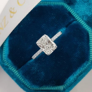 2 carat Crushed Ice Radiant Cut Moissanite Ring, Radiant Moissanite Hidden halo Pave Engagement Ring, Classic Prong Ring, Solitaire Ring