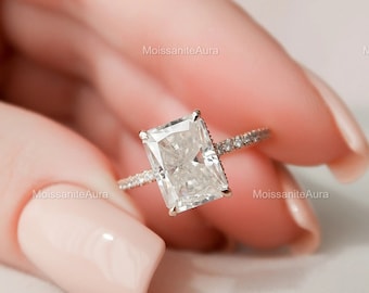 3CT Radiant Cut Moissanite Ring, Radiant Engagement Ring, Hidden Halo Wedding Ring, Pave Bridal Ring, Anniversary Gift, Classic Dainty Ring
