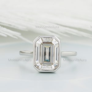 4ct Emerald Cut Moissanite Engagement Ring, Classic Bezel Setting Ring, Dainty Solitaire Ring, Promise Forever, Cathedral shank Ring