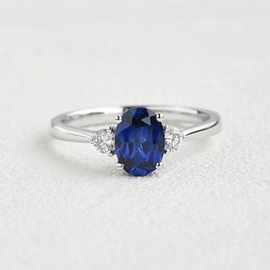 1 ct Oval Cut Lab Sapphire Ring, Oval Engagement Ring, Three Stone Ring, Anniversary Gift, Wedding Ring For Her, Moissanite Side Stones