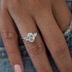 1.5 CT Oval Moissanite Engagement Ring, Divergent Three Stones-Prongs Ring, Unique Solitaire Ring, Wedding Ring, Anniversary Gift