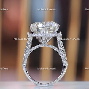 6ct Round Cut Moissanite Engagement Ring, Pave Solitaire Ring, Claw 6 Prongs, With Hidden Halo & Pave Bridge, Bridal Wedding Ring