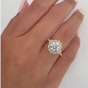 2 CT Round Cut Moissanite Engagement Ring, Bridal Cluster Ring, Unique Pave-Halo Ring, Anniversary Gift, Flower Ring, Cathedral Shank