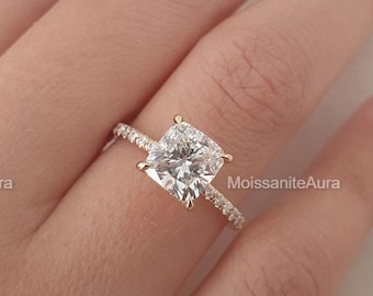 2 CT Cushion Cut Moissanite Engagement Ring, Classic 4 Prong Ring, Moissanite Pave Solitaire Ring, Dainty Wedding Ring & Hidden Halo, 4 HER