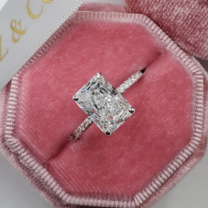 3.8ct Radiant Cut Moissanite Engagement Ring, Pave Moissanite Bridal Ring, Claw Prongs radiant cut hidden Halo Moissanite ring