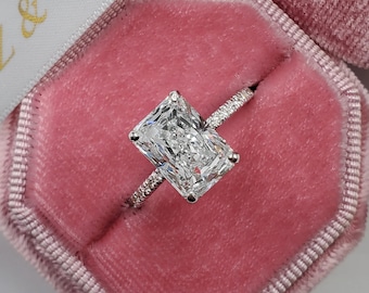 3.8ct Radiant Cut Moissanite Engagement Ring, Pave Moissanite Bridal Ring, Claw Prongs radiant cut hidden Halo Moissanite ring