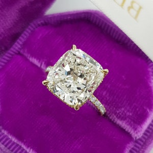 6ct Cushion Cut Moissanite Engagement Ring, Classic 4 Prong Cushion Ring, Moissanite Pave Solitaire Ring, Dainty Wedding Ring & Hidden Halo