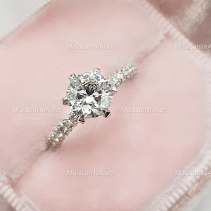 2CT Round Cut Moissanite Engagement Ring, Unique Triple Pave Wedding Ring, Classic 6 Prongs Solitaire Ring, Vintage Style Ring