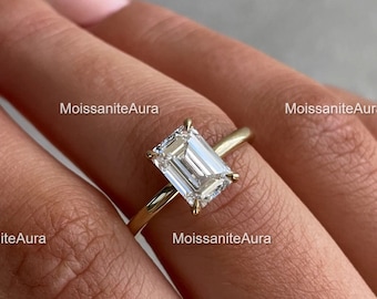 2ct Emerald Cut Moissanite Engagement Ring, Emerald Moissanite Ring, Wedding Ring Anniversary Ring, Solitaire Ring, Hidden Halo Ring