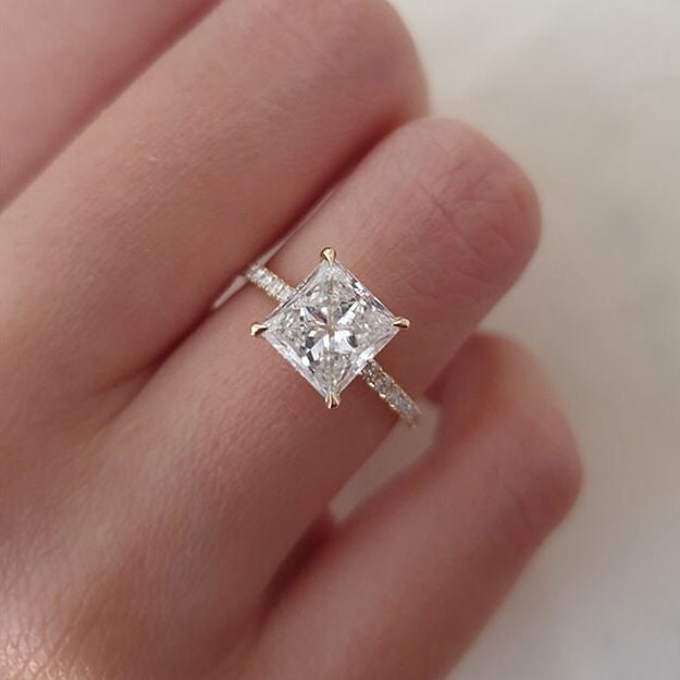 2CT Princess Cut Moissanite Engagement Ring, Classic Ring, Unique Pave Solitaire Ring, Dainty Wedding Ring, Bridal Ring, Invisible Halo