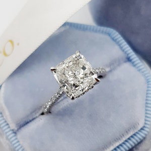 4 ct Cushion Moissanite Engagement Ring, Classic 4 Prong Ring, Moissanite Pave Bridal Ring, Wedding Ring, Hidden Halo, Cathedral Shank