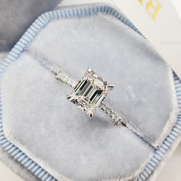 2.5ct Emerald Cut Moissanite Engagement Ring, Unique Pave Divergent Ring, Classic 4 Claw Prongs, Wedding Ring, Hidden Halo Solitaire Ring