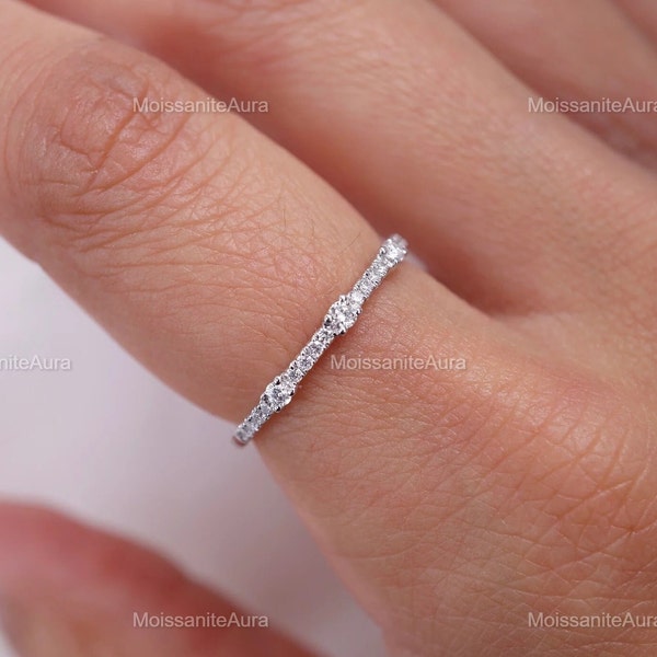 Delicate Round Cut Moissanite Band, Dainty Engagement Band, Half Eternity Band, Anniversary Band, Matching Band