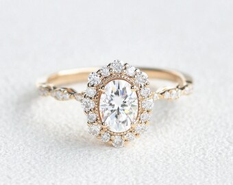 1.5ct Oval Cut Moissanite Engagement Ring, Vintage Halo Ring, 4 Claws Ring,  Pave Solitaire Ring, Bridal Wedding Ring, Proposal Ring