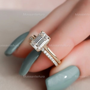 2 Ct Emerald Cut Moissanite Wedding Ring Set, Moissanite Engagement Ring Set, Vintage Bridal Set, Art Deco Matching Bands, 14k/18k Gold Ring