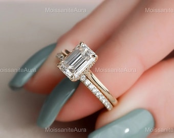 2 kt smaragd geslepen moissaniet trouwring set, moissaniet verlovingsring set, vintage bruids set, art deco bijpassende banden, 14k/18k gouden ring