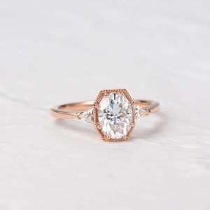 1.5 ct Oval Moissanite Engagement Ring, Three Stone Ring, Wedding Ring, Anniversary Gift, Forever Promise Ring, Milgrain Detail Ring