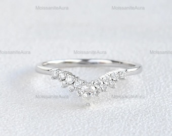Vintage Chevron Moissanite Band Moissanite Wedding Band, V shape Moissanite band Antique half eternity Matching wedding Band