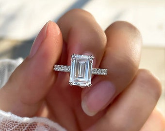 3ct Emerald Cut Moissanite Engagement Ring, Classic 4 Claw Double Prongs With Invisible Halo Ring, Pave Solitaire Ring, & Cathedral shank